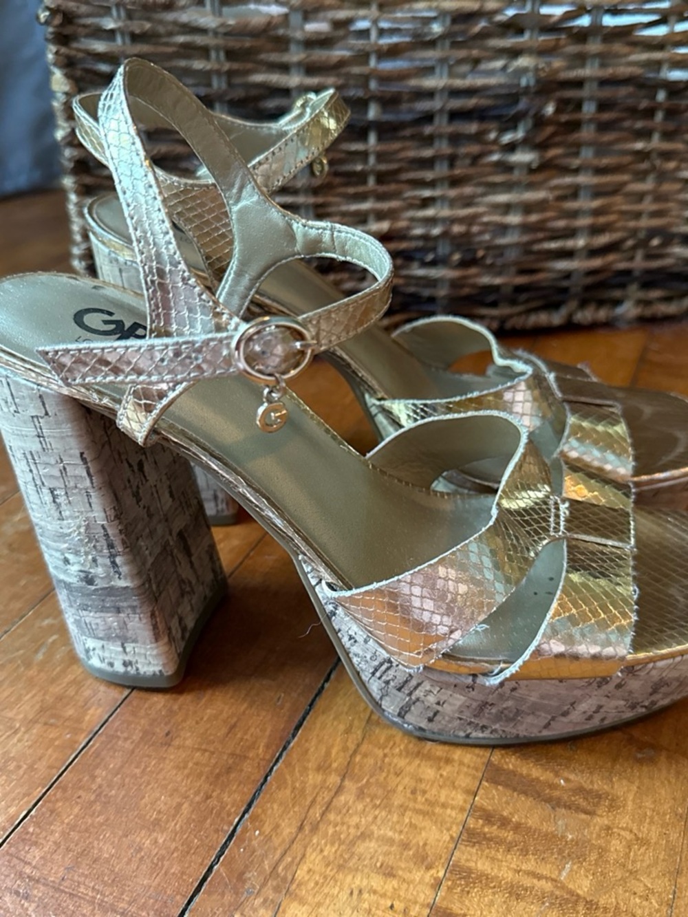 G by Guess Metallic Gold Platform Block Heel Sandals